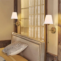Brushed Gold Metal Farmhouse Wall Sconce with White Fabric Shade