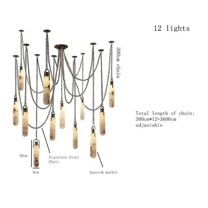 Chandelier with 12 lights featuring chain details on a white background