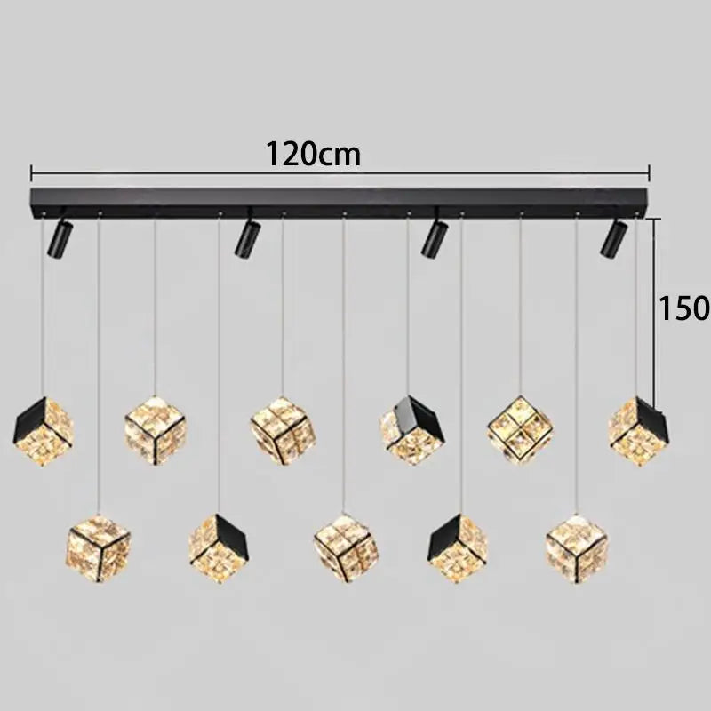 Chandelier with crystal lights and measurement details on a gray background
