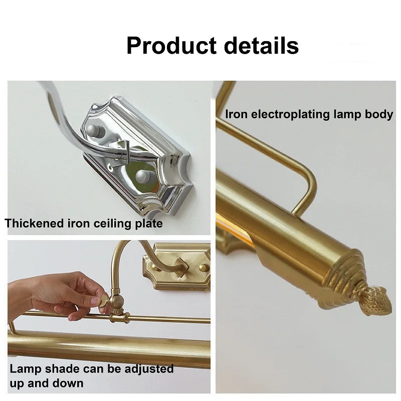 Product details of a lamp with iron electroplating, thickened iron ceiling plate, and adjustable lamp shade.