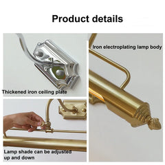 Product details of a lamp with iron electroplating, thickened iron ceiling plate, and adjustable lamp shade.