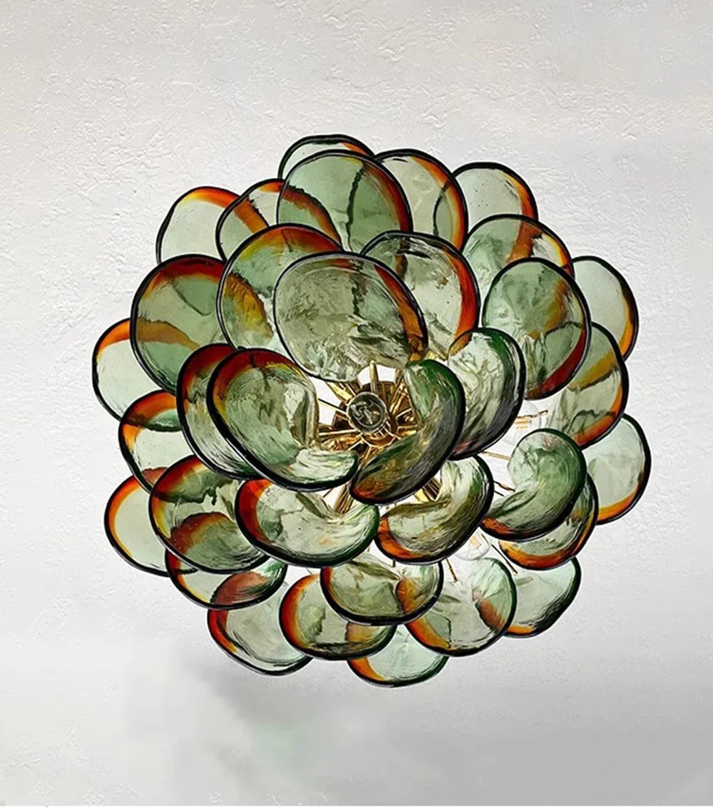 Decorative ceiling light fixture with multicolored glass panels on a white background