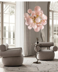 Pink Glass Orb Chandelier with Gold Metal Frame Clusters
