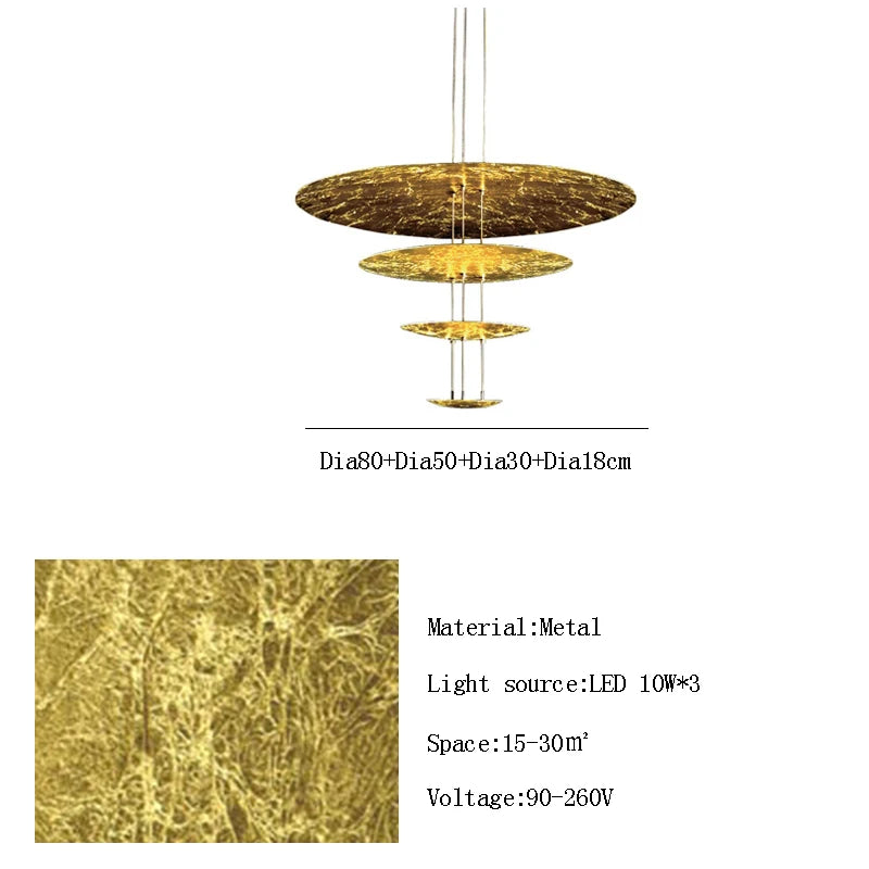 Gold pendant light with specifications on a white background
