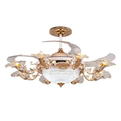Gold Floral Fan Light with Clear Petal Shades and Rose Accents
