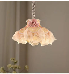 Pink Fabric Rose Flower Dress Pendant Light with Lace Ruffles