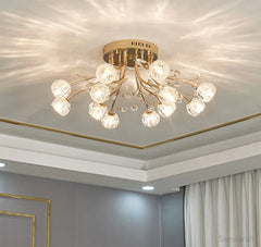 Gold Floral Crystal Chandelier Semi-Flush Mount Light