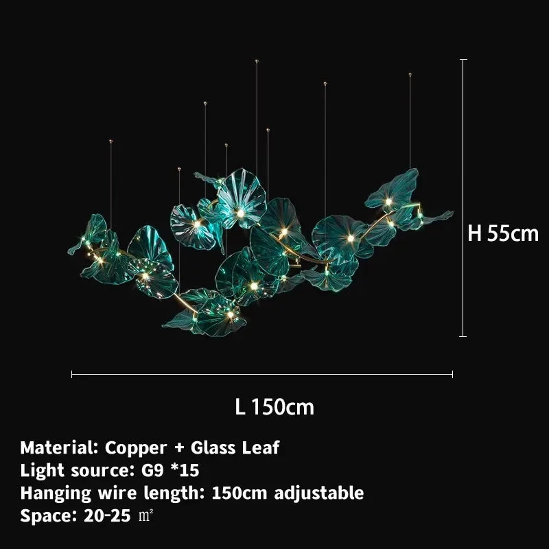 Decorative light fixture with leaf design and measurements on a black background