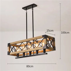 Wood and Black Industrial Cage Rectangular Chandelier with 5 Lights