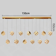 Chandelier with crystal lights and measurement details on a gray background