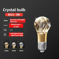 Crystal bulb with specifications on a dark background