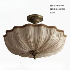 Beige Pleated Fabric Semi-Flush Mount Light with Gold Metal Accents