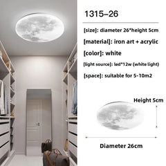 Ceiling light fixture with moon design in a room setting, including dimensions and material details.