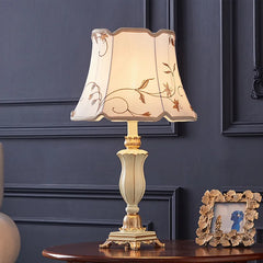 Ornate Floral Fabric Shade Table Lamp with Carved Resin Base