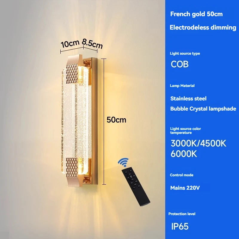 Wall-mounted light fixture with remote control, dimensions, and technical specifications displayed.