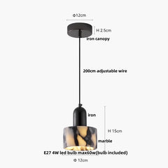 Pendant light with measurements on a white background