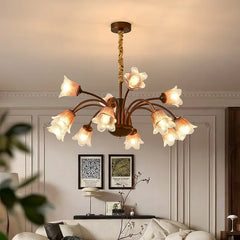 Bronze Floral Chandelier Pendant Light with Frosted Glass Bell Shades