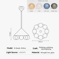 Technical drawing and color options for a pendant light fixture with dimensions and material details.