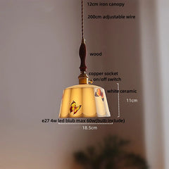 Pendant light with measurements and components labeled on a plain background