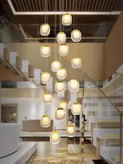 Modern chandelier with glass shades in a stylish interior setting