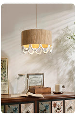 Jute Drum Pendant Light with Natural Wood Beads Accent