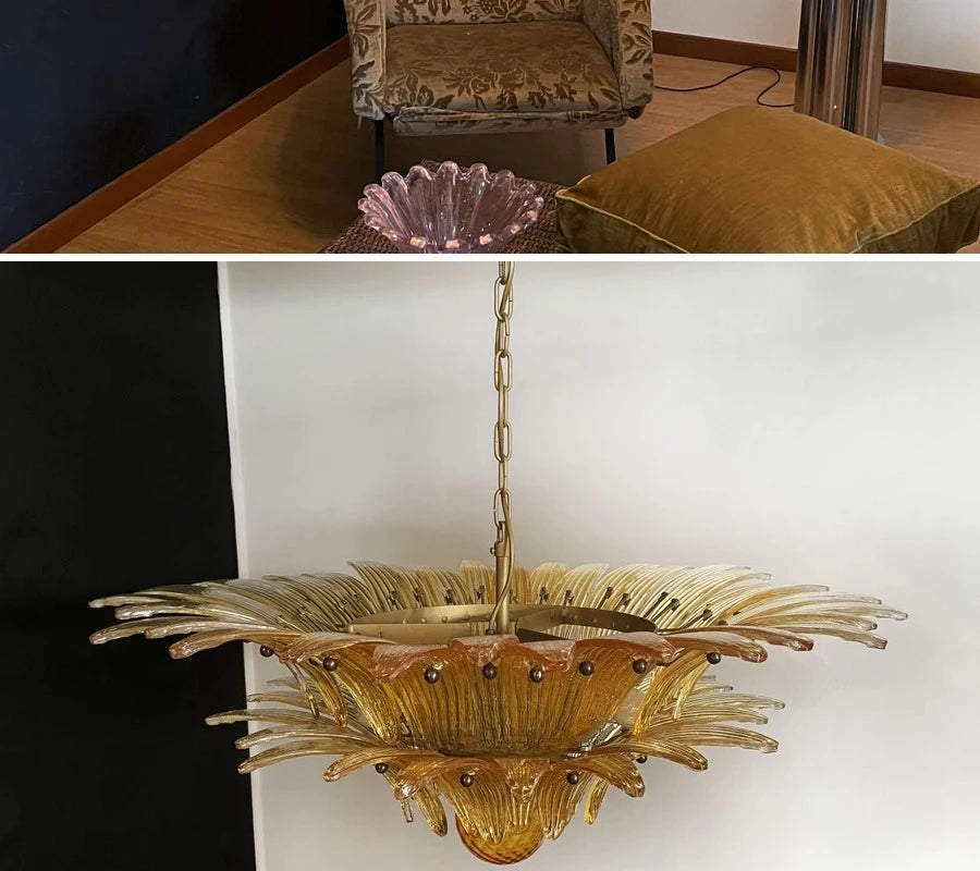 Gold chandelier on a white background with a room setting above