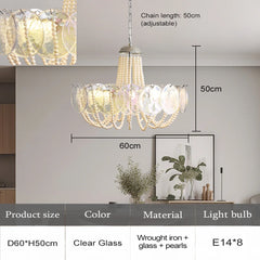 Gold Glass Beaded Chandelier with Pearl Strings Pendant Light