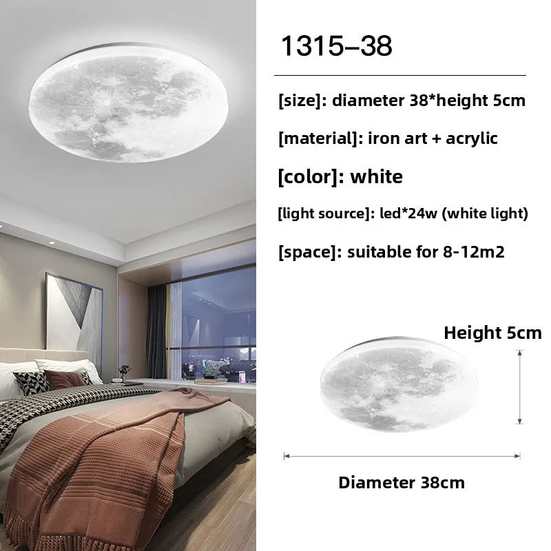 Ceiling light fixture with moon design in a bedroom setting, including dimensions and material details.
