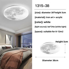 Ceiling light fixture with moon design in a bedroom setting, including dimensions and material details.