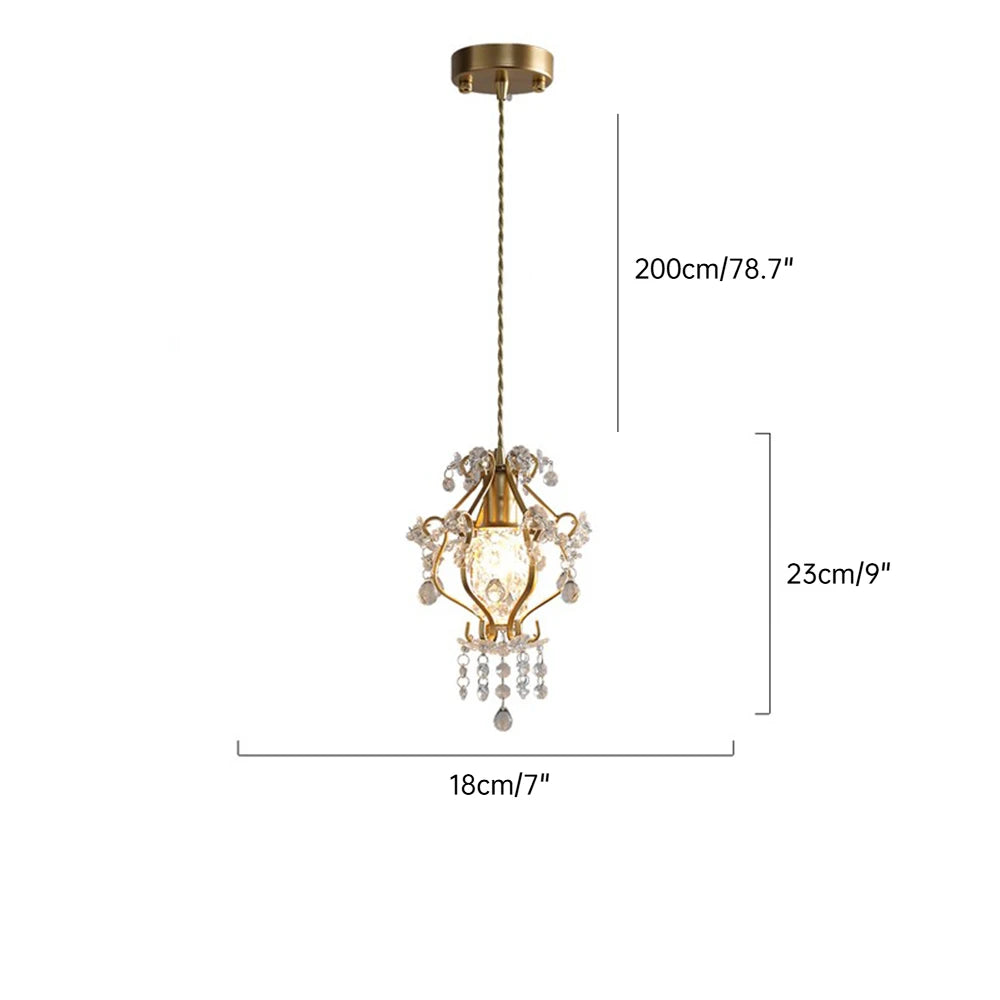 Gold pendant light with crystal accents and dimensions on a white background