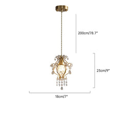 Gold pendant light with crystal accents and dimensions on a white background