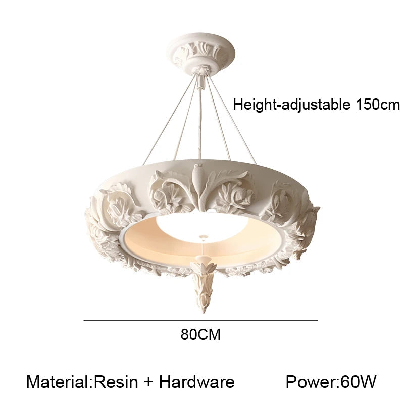 Decorative ceiling light with height, material, and power information on a white background