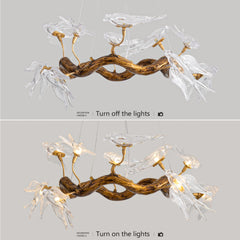 Chandelier with natural wood design and glass elements on a gray background.