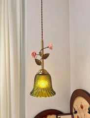 Gold Ceramic Flower Pendant Light with Glass Shade