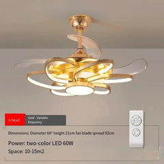 Gold ceiling fan with light fixture on a neutral background