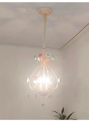Pink Rose Crystal Chandelier Pendant Light with Floral Accents