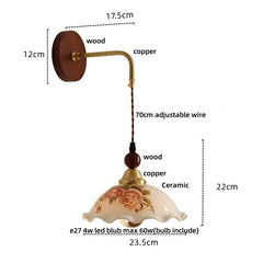 Wall-mounted light fixture with dimensions and material labels on a white background