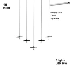 Pendant light fixture with adjustable hanging cord and LED lights on a white background
