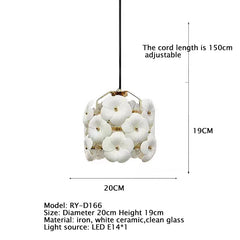 White floral pendant light with dimensions and material details on a white background