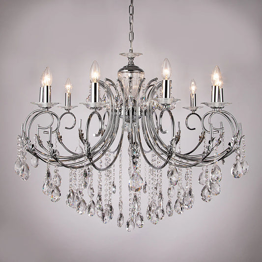 Polished gold candelabra chandelier with cascading crystals and candle-style lights, shown against a light gray background.