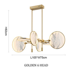 Gold and marble pendant light with dimensions on a white background