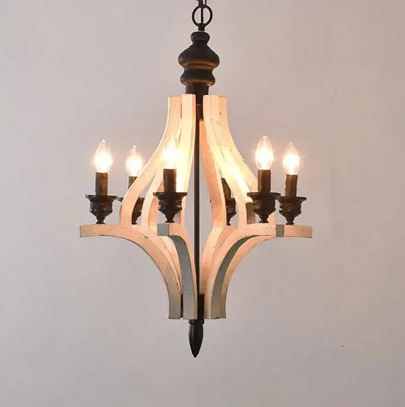 Chandelier with wooden design and glass shades on a plain background