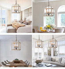 Distressed Gray and Gold Metal Lantern Chandelier with Candle Lights