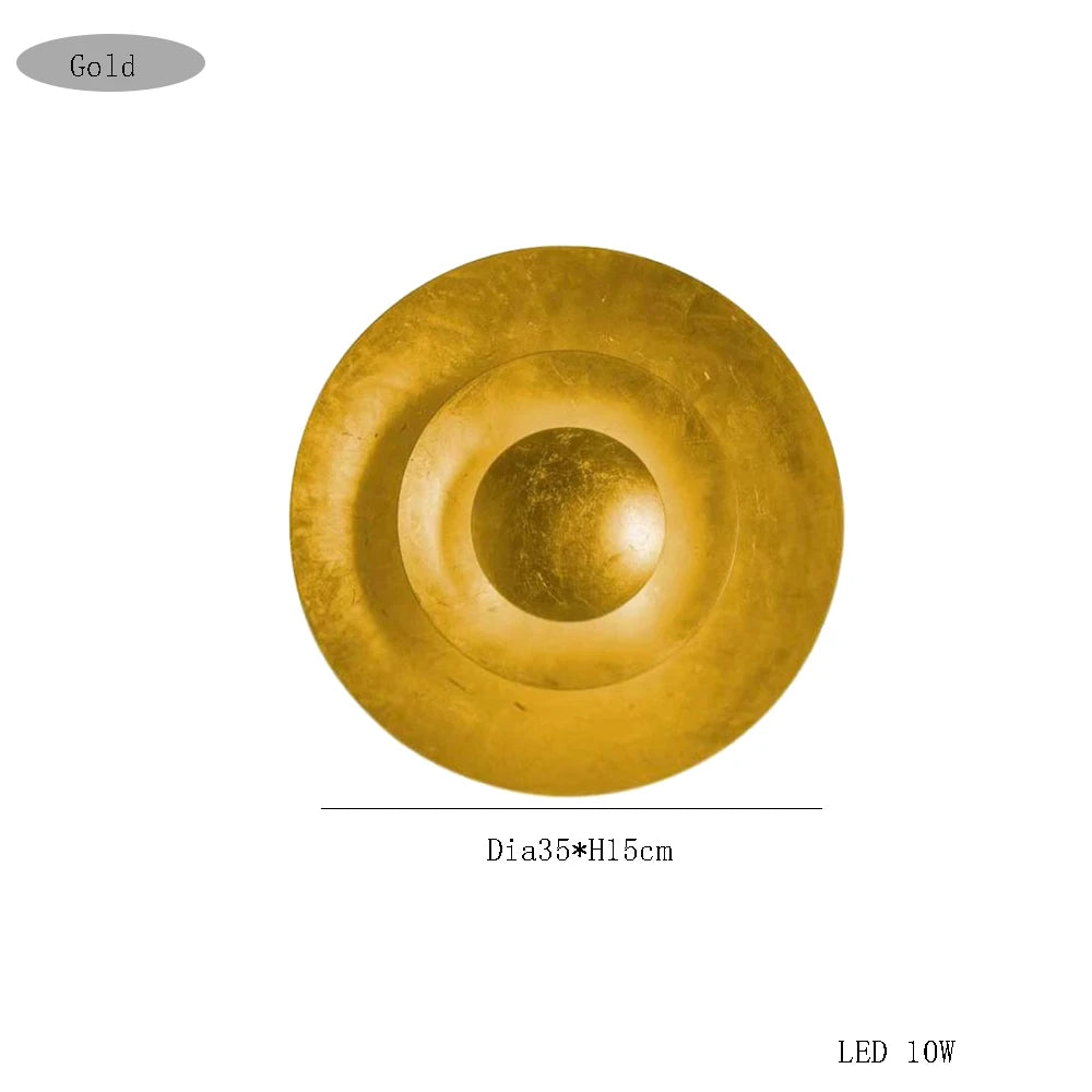 Gold-colored light fixture with dimensions Dia35*H15cm and LED 10W on a white background