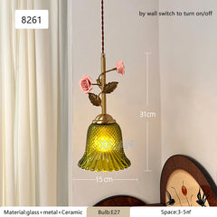Gold Ceramic Flower Pendant Light with Glass Shade