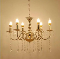 Gold Candelabra Chandelier with Crystal Droplets and Candle Lights