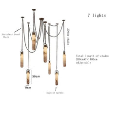 Chandelier with 7 lights, stainless steel chain, and Spanish marble elements on a white background.