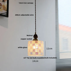 Pendant light with labeled dimensions and features on a neutral background