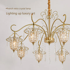 Detail of the gold finish and crystal accents on the chandelier, with text overlay mentioning 'French retro crystal lamp'.