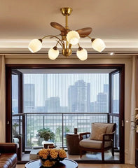 Gold Brass Sputnik Fan Chandelier with Frosted Glass Bell Shades